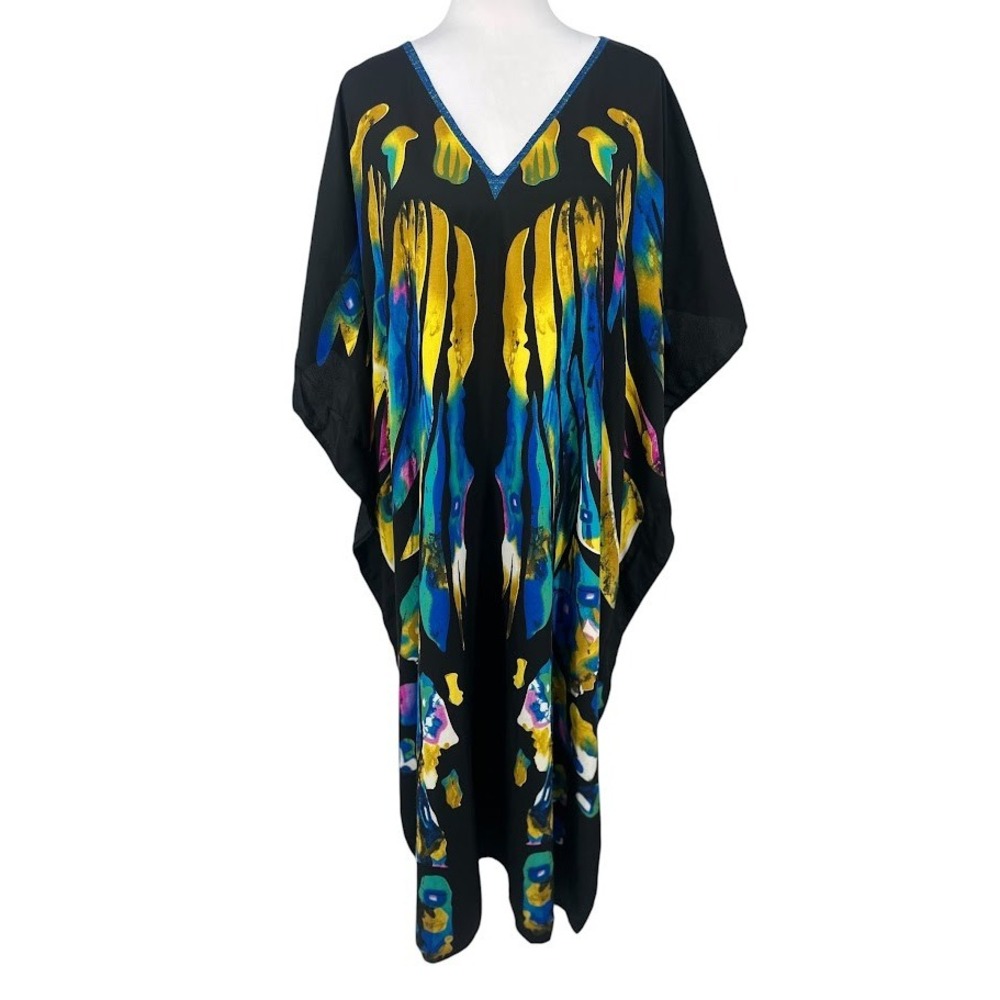 Winlar Kaftan House Dress Muumuu OS Maxi Butterfly Boho Retro Lounge Artsy Beach